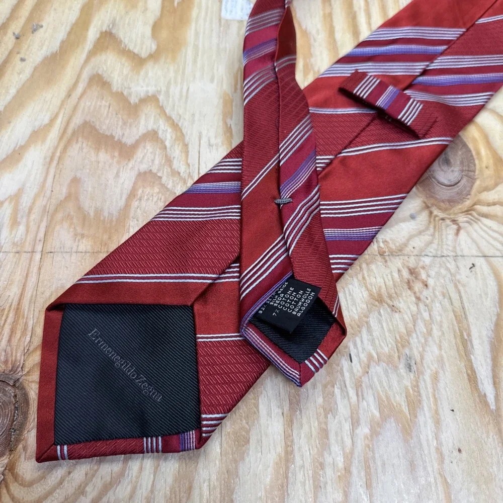 Ermenegildo Zegna Necktie Red Silver Striped Regimental‎ Classic Designer Office
